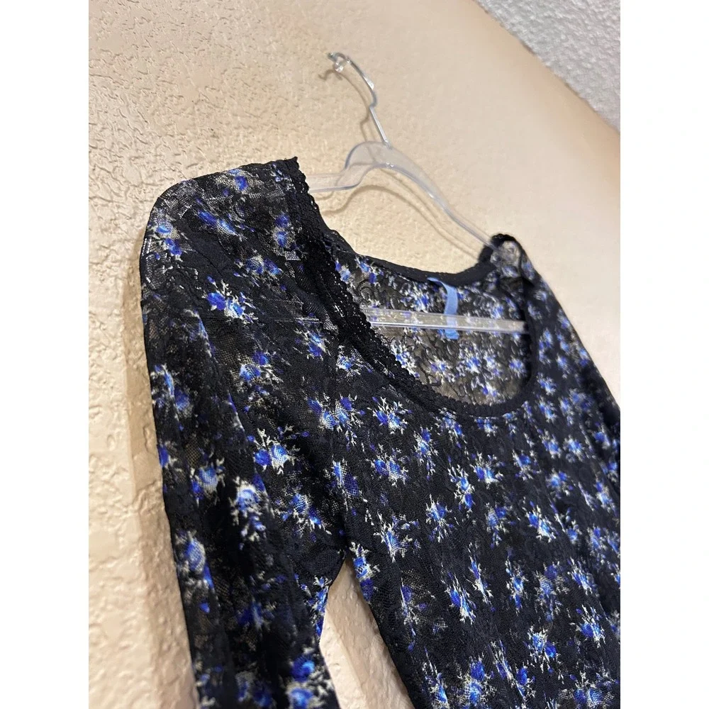 Free People Small Sheer Floral Lace Top Black Scoop Mesh Fairy Goth Lace Dainty